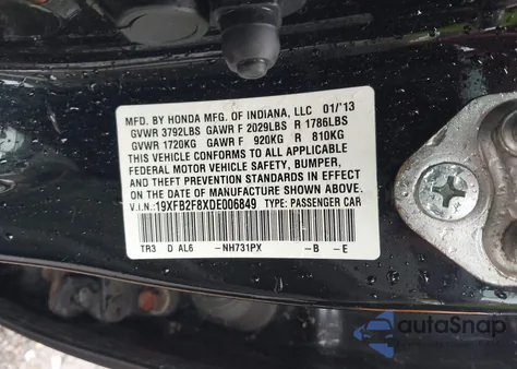 2013 Honda Civic Ex from USA, damaged, VIN 19XFB2F8XDE006849